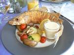 Whole baked zander served in a restaurant in Balatonfüred, Hungary.