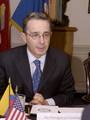 Colombian President Alvaro Uribe meets with Secretary of Defense Donald H. Rumsfeld in the Pentagon on March 22, 2004.