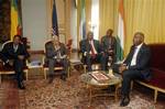 West African leaders meet with Ivory Coast President Laurent Gbagbo, right, at the Presidential palace in Abidjan, Tuesday, Dec. 28, 2010, with left to right; Benin President Boni Yayi, Cape Verde President Pedro Pires, Sierra Leone President Ernest Bai Koroma. The delegation of West African leaders is gathering in Abidjan on Tuesday, to demand that Laurent Gbagbo steps down from the presidency before he is forced out. Gbagbo maintains control of Ivory Coast's military and security forces despit