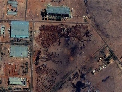 Part of the Yarmouk military complex in Khartoum, Sudan seen in a satellite image made on October 25 2012, following an alleged attack. A U.S. monitoring group says satellite images of the aftermath of an explosion at a Sudanese weapons factory suggest the site was hit by an airstrike.