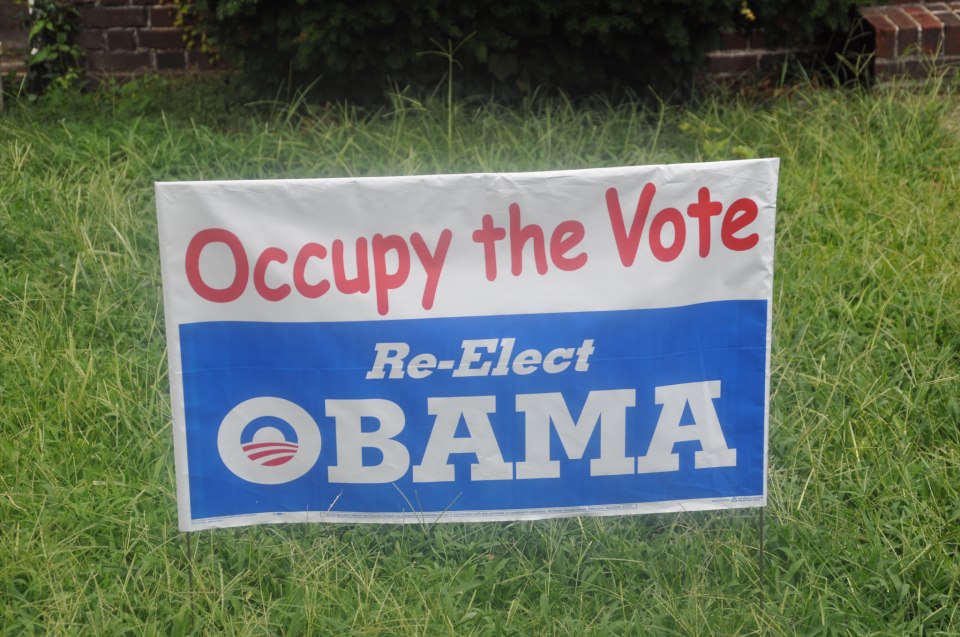 Here's a photograph of a campaign yard sign. The top half reads: "Occupy the Vote." The bottom half, in red, white and blue, reads: "Re-Elect OBAMA."