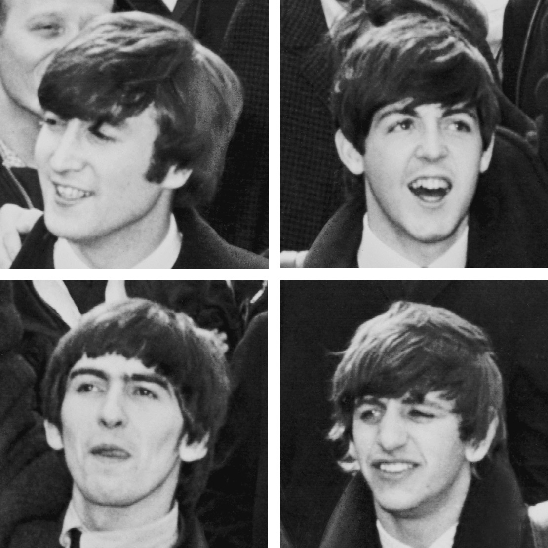 Four greyscale images of young men with "mop-top" haircuts, separated by a white border. John Lennon (top left) is looking towards the left of the frame (his right), with exposed teeth. Paul McCartney (top right) is facing forward with an opened mouth. George Harrison (bottom left) has his right arm raised and his tongue stuck out slightly as if licking his lips. Ringo Starr's teeth are visible, and his left eye is closed as if winking. All four are dressed in white shirts, black ties, and dark coats.