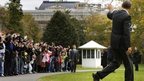 Barack Obama waves as he leaves the White House for Ohio, 3 Nov