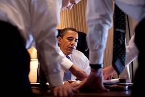 President Barack Obama works on his Cairo speech with speechwriter