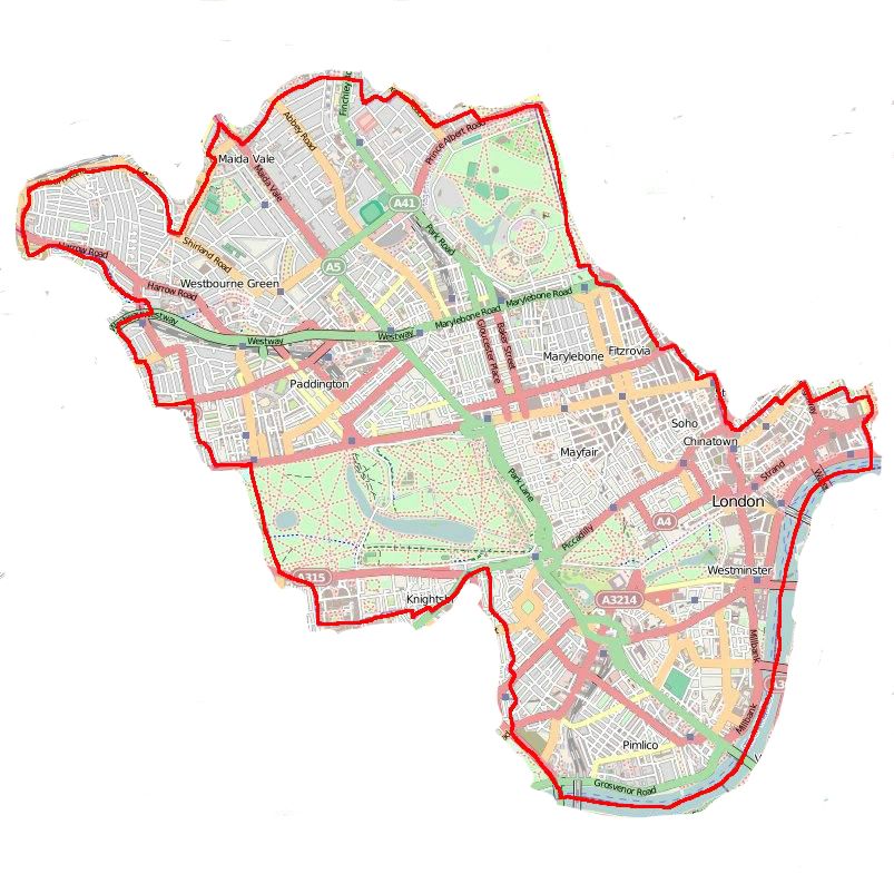 Location of the London Borough of the City of Westminster in Greater London