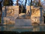 Front view of the Monument to Santiago Ramón y Cajal (1852–1934) at Paseo de Venezuela (a walk) in the Retiro Park (Jardines del Buen Retiro) in Madrid, Spain. Made by sculptor Victorio Macho and inaugurated in 1926.