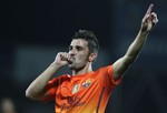 FC Barcelona's David Villa celebrates his goal during a Spanish La Liga soccer match against Getafe at the Coliseum Alfonso Perez stadium in Getafe, near Madrid, Spain, Saturday, Sept. 15, 2012.