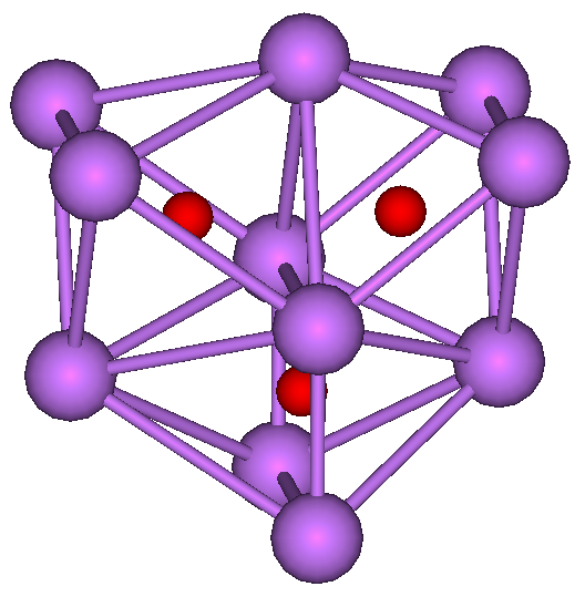  The stick and ball diagram shows three regular octahedra which are connected to the next one by one surface and the last one shares one surface with the first. All three have one edge in common. All eleven vertices are purple spheres representing caesium, and at the center of each octahedron is a small red sphere representing oxygen.