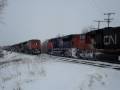 Canadian National Railway trains meet on a cold winter day