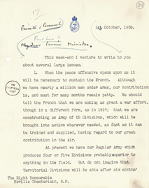 The first page of a letter from Churchill to Chamberlain, 1939