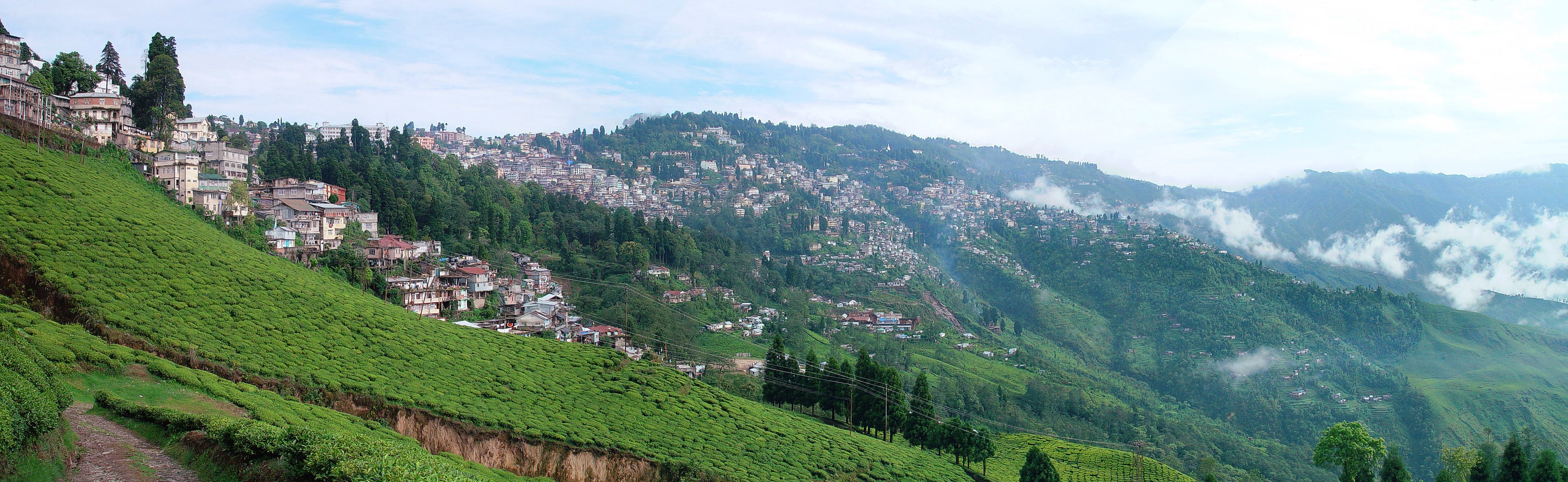 A panoramic view of a hill range. The upper portions of the nearer hillsides have tiled houses, while the farther hillsides and the lower portions of the nearer ones are covered with green bushes. A few coniferous trees are scattered throughout.