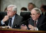 File - Senate Armed Service Committee members, Senators Ted Kennedy, Carl Levin respond to testimony regarding the progress made in the Global War on Terror, the way forward in Iraq and the situation in Afghanistan, March 27, 2008, Hart Senate Office Building, Washington, D.C.