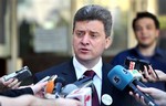 Gjorge Ivanov, presidential candidate talks to the media after casting his ballot in the runoff of the presidential elections, in front of a polling station in Macedonia's capital Skopje, Sunday, April 5, 2009. First-round winner Gjorgje Ivanov, a government-backed conservative, is running against Social Democrat challenger Ljubomir Frckosk