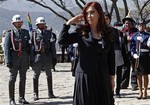 File - Argentina's President Cristina Fernandez, front, gestures during a ceremony honoring Bolivia's Independence heroines in Cochabamba, Bolivia, Wednesday, July 18, 2012.