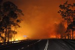 In this photo provided by the New South Wales Rural Fire Service a wildfire near Deans Gap, Australia, crosses the Princes Highway Tuesday, Jan. 8, 2013.