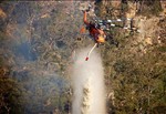 In this Jan. 11, 2013 photo provided by NSW Rural Fire Service, an aircrane dumps water on a fire near Tallong, Australia.