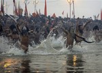 Indian Hindu holy men, or Naga Sadhus, run naked into the water at Sangam, the confluence of the rivers Ganges, Yamuna and mythical Saraswati, during the royal bath on Makar Sankranti at the start of the Maha Kumbh Mela in Allahabad, India, Monday, Jan. 14, 2013.