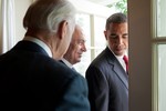 President Barack Obama and Vice President Joe Biden talk with Prime Minister Benjamin Netanyahu of Israel prior to his departure from the White House, July 6, 2010.