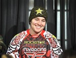 In this photo taken Jan. 25, 2012 and released by ESPN Images, snomobiler Caleb Moore smiles while attending a news conference at the Winter X Games in Aspen, Colo.