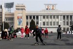 North Korean children accompanied by their grand parents, roller-skate at Kim Il Sung stadium in Pyongyang, North Korea, Wednesday, Feb. 13, 2013. One day earlier, North Korea conducted an underground nuclear test in the far north of the country, its third since 2006.