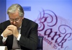 Governor of the Bank of England Mervyn King, pauses during the Bank's quarterly inflation report news conference in London,Wednesday, Nov. 12, 2008. King said policy makers are prepared to cut interest rates again to prevent a recession pushing inflation below its