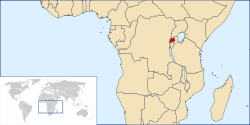 Map showing part of Africa, with Rwanda coloured in red