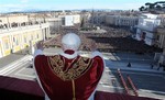 In this photo provided by the Vatican paper L'Osservatore Romano, Pope Benedict XVI delivers his "Urbi et Orbi" (to the City and to the World) speech from the central loggia of St. Peter's Basilica, at the Vatican, Sunday, Dec. 25, 2011. Benedict XVI called for an end to the bloodshed in Syria and the resumption of Israeli-Palestinian peace talks in his Christmas message Sunday, an appeal for peace that was challenged by deadly attacks on two Nigerian churches. (AP Photo/L'Osservatore Romano)