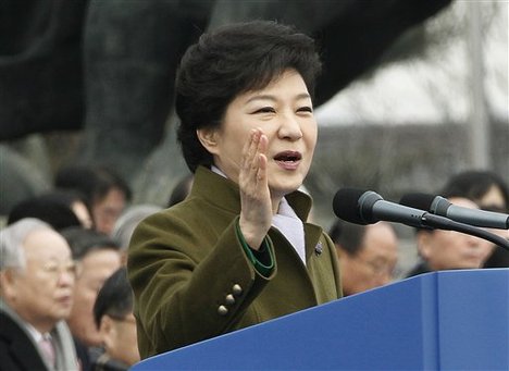 South Korea's new President Park Geun-hye speaks during her inauguration ceremony as the 18th South Korean president at the National Assembly in Seoul, South Korea, Monday, Feb. 25, 2013.