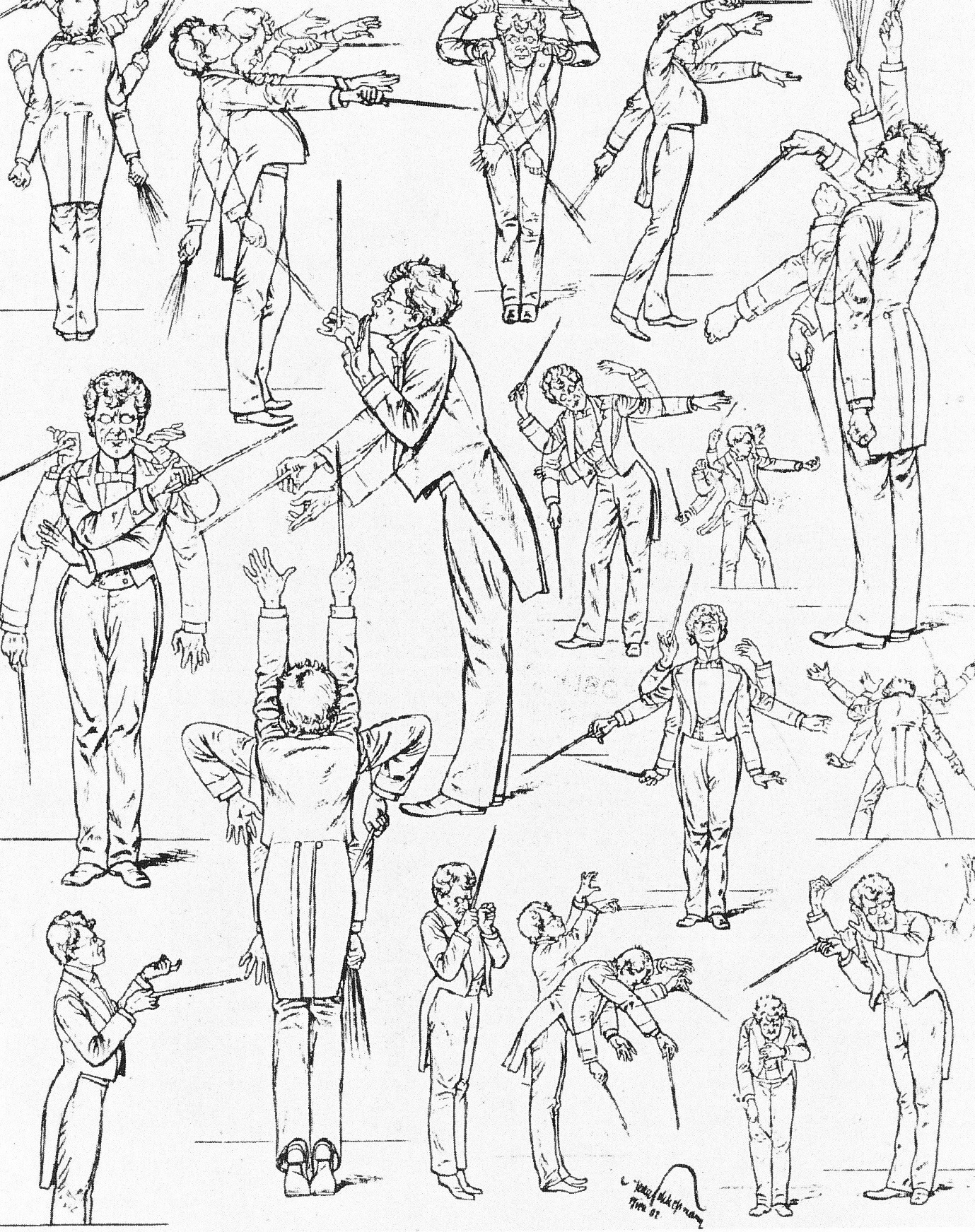  A series of line drawings of a man in exaggerated poses, holding a conductor's baton