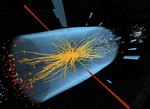 This undated image made available by CERN shows a typical candidate event including two high-energy photons whose energy (depicted by red towers) is measured in the CMS electromagnetic calorimeter.