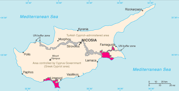 Akrotiri and Dhekelia Sovereign Base Areas indicated in pink.