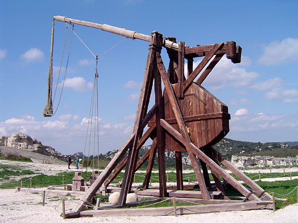 Reconstruction of a trebuchet at Château des Baux, France