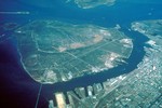 Aerial view of Pelican Island and the northeastern end of Galveston Island. On September 8, 1900, the greatest natural disaster to ever strike the United States occurred at Galveston.