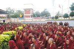 Thousands of Buddhist monks and nuns listening to His Holiness the 14th Dalai Lama of Tibet during a special Buddhist prayer ceremony being held at the Tibetan settlement in Bylakuppe, South India