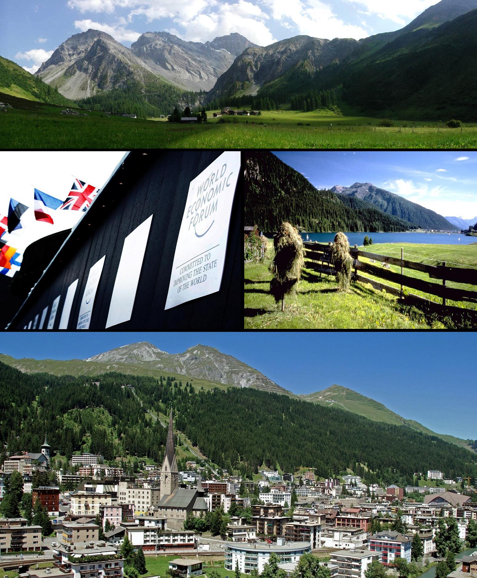 Davos - Top: View of the Sertig Valley, Middle left: World Economic Forum congress centre, Middle right: Lake Davos, Bottom: View over Davos