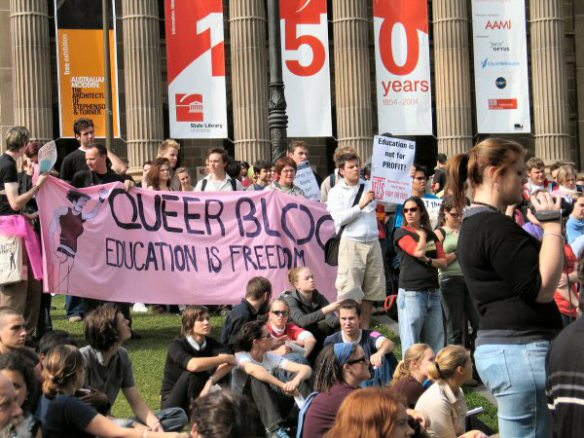 Queer bloc banner:  Education is Freedom