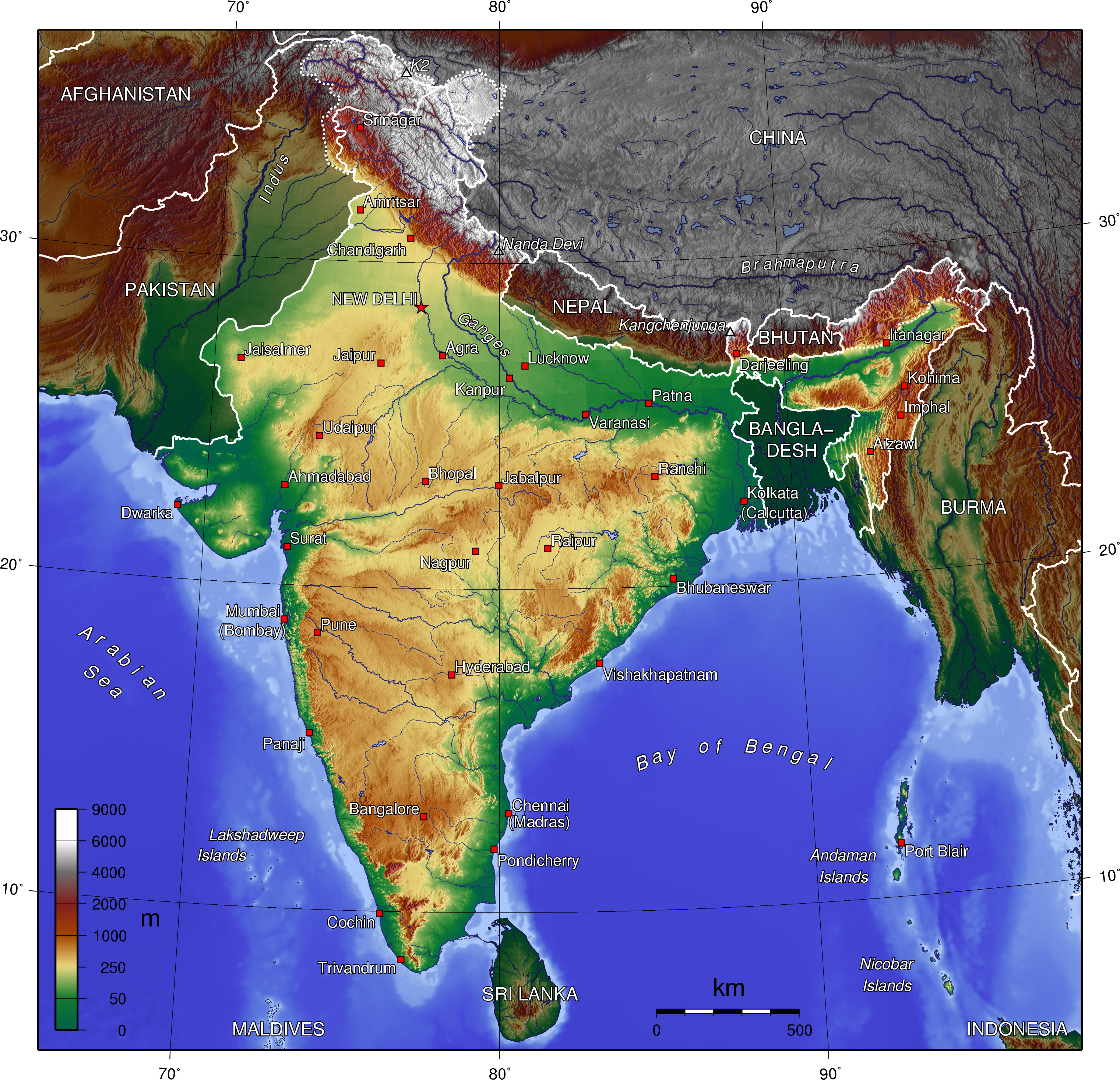 Map of India. Most of India is yellow (elevation 100–1000 m). Some areas in the south and mid-east are brown (above 1000 m). Major river valleys are green (below 100 m).