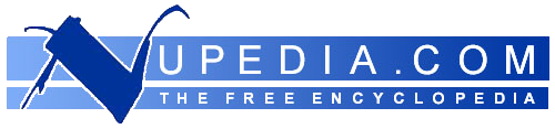 Logo reading "Nupedia.com the free encyclopedia" in blue with large initial "N".