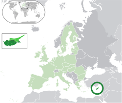 Location of  Cyprus (including the North)  (green)in the European Union  (light green)  —  [Legend]