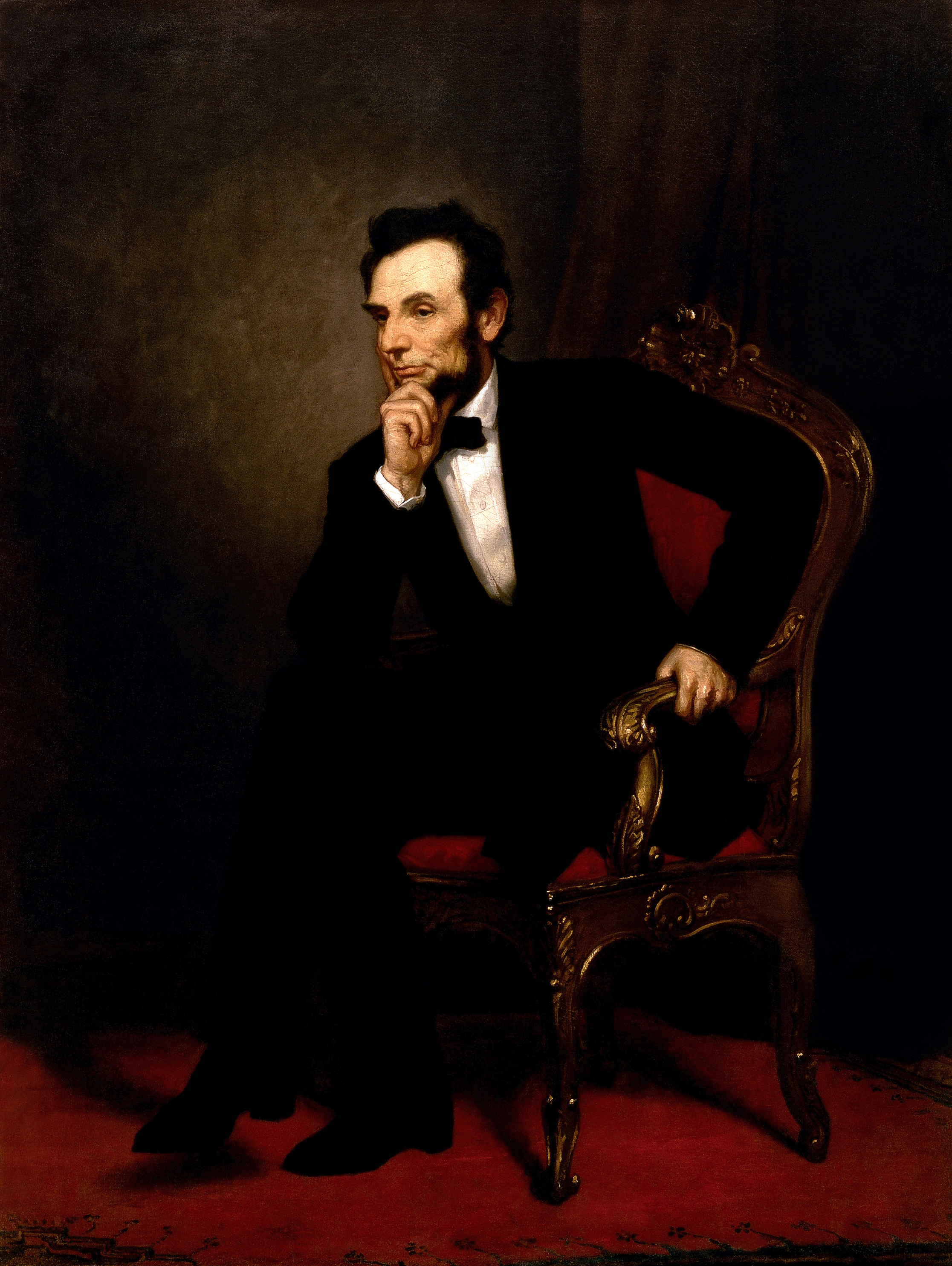 A painting of Lincoln sitting with his hand on his chin and his elbow on his leg.