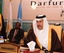 Prime Minister of Qatar Sheikh Hamad Bin Jassim al Thani takes his seat the Darfur Peace Talks in Doha, Qatar on Tuesday, Feb. 10, 2009.