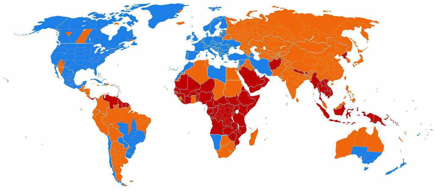 World map. Europe, Russia, most of North America, parts of southern South America and southern Australia, and a few other places use DST. Most of equatorial Africa and a few other places near the equator have never used DST. The rest of the land mass is marked as formerly using DST.