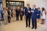 File - President Barack Obama talks with former President George W. Bush prior to the dedication of the George W. Bush Presidential Library and Museum on the campus of Southern Methodist University in Dallas, Texas, April 25, 2013.