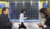 People walk about outside a securities firm with its signboard indicating Japanese stock prices in Tokyo, Monday, Feb. 2, 2009.