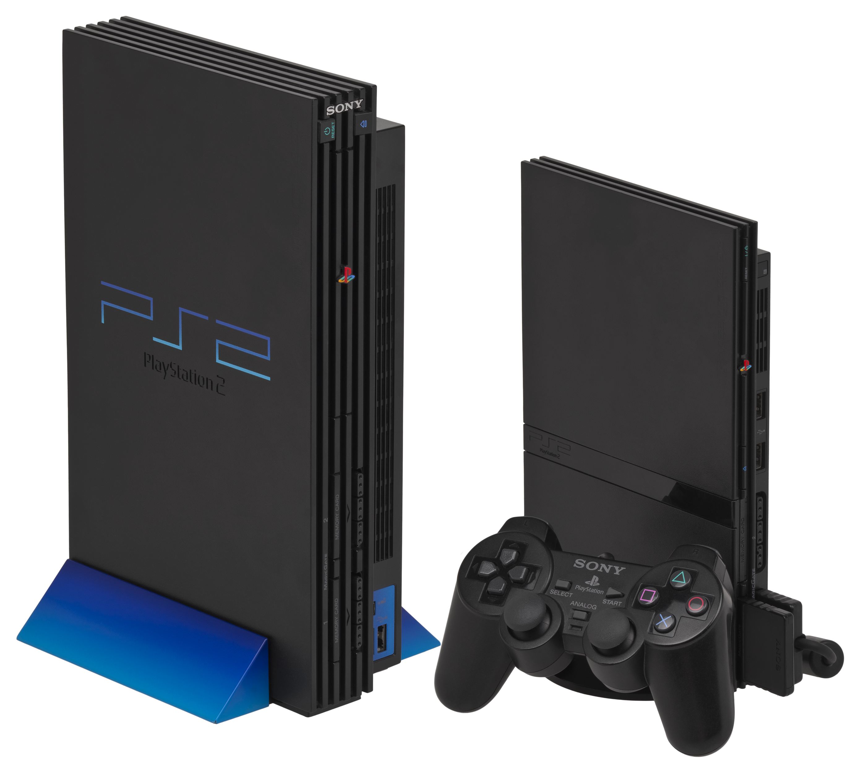 Left: The original design with vertical stand. Right: The "slimline" PlayStation 2.