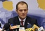 Poland's Prime Minister Donald Tusk speaks during a media conference at an EU summit in Brussels, Sunday March 1, 2009. With their economies tanking and finances fraying, EU leaders meet Sunday keen to show that they will stick together and work on ideas of how to put the recession behin