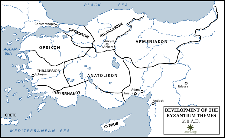 Map of Byzantine Empire showing the themes in circa 650