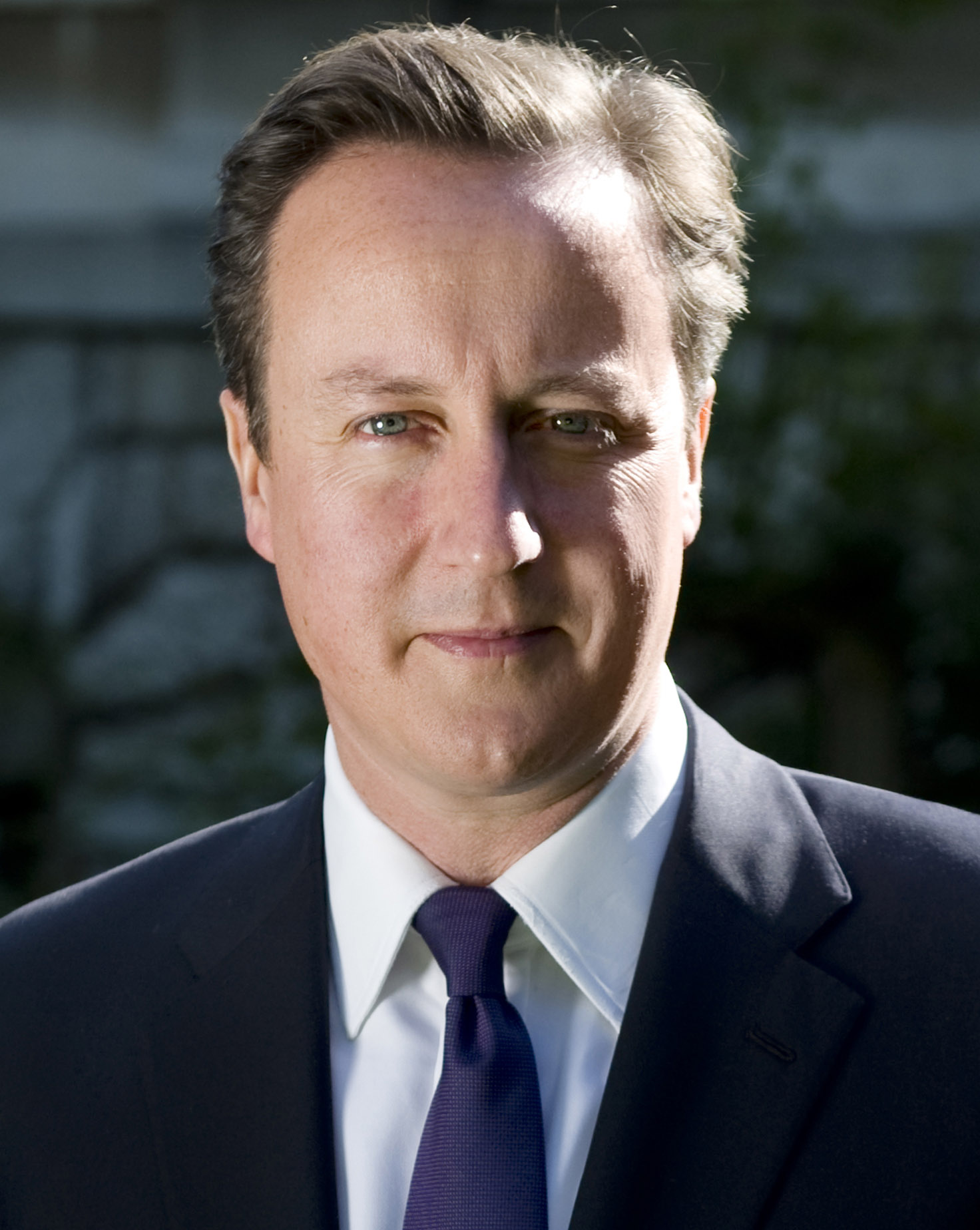 A man, clean shaven, with short straight dark brown swept back hair wearing a suit jacket, white shirt and blue tie