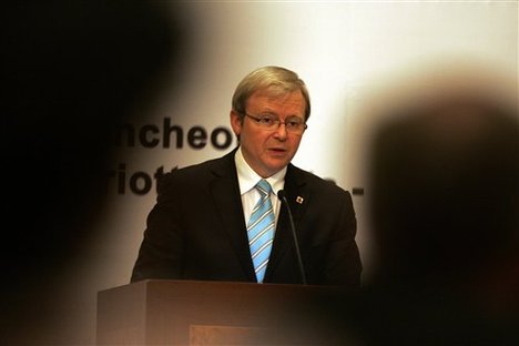 Australian Prime Minister Kevin Rudd delivers his speech during Indonesia-Australia business council luncheon in Jakarta, Indonesia, Friday, June 13, 2008.