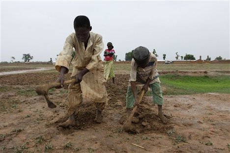 In this Wednesday, June 9, 2010 photo, children farm in Yangalma village, where most of the children suffering from lead poisoning come from, in Gusau, Nigeria. Among the flat lands and dried-out creekbeds of northern Zamfara state, Nigerian officials say more than 160 people have died from lead poisoning, the majority of them children. At least six villages remain contaminated with the lead, released during illegal, but highly profitable gold mining in the poor region